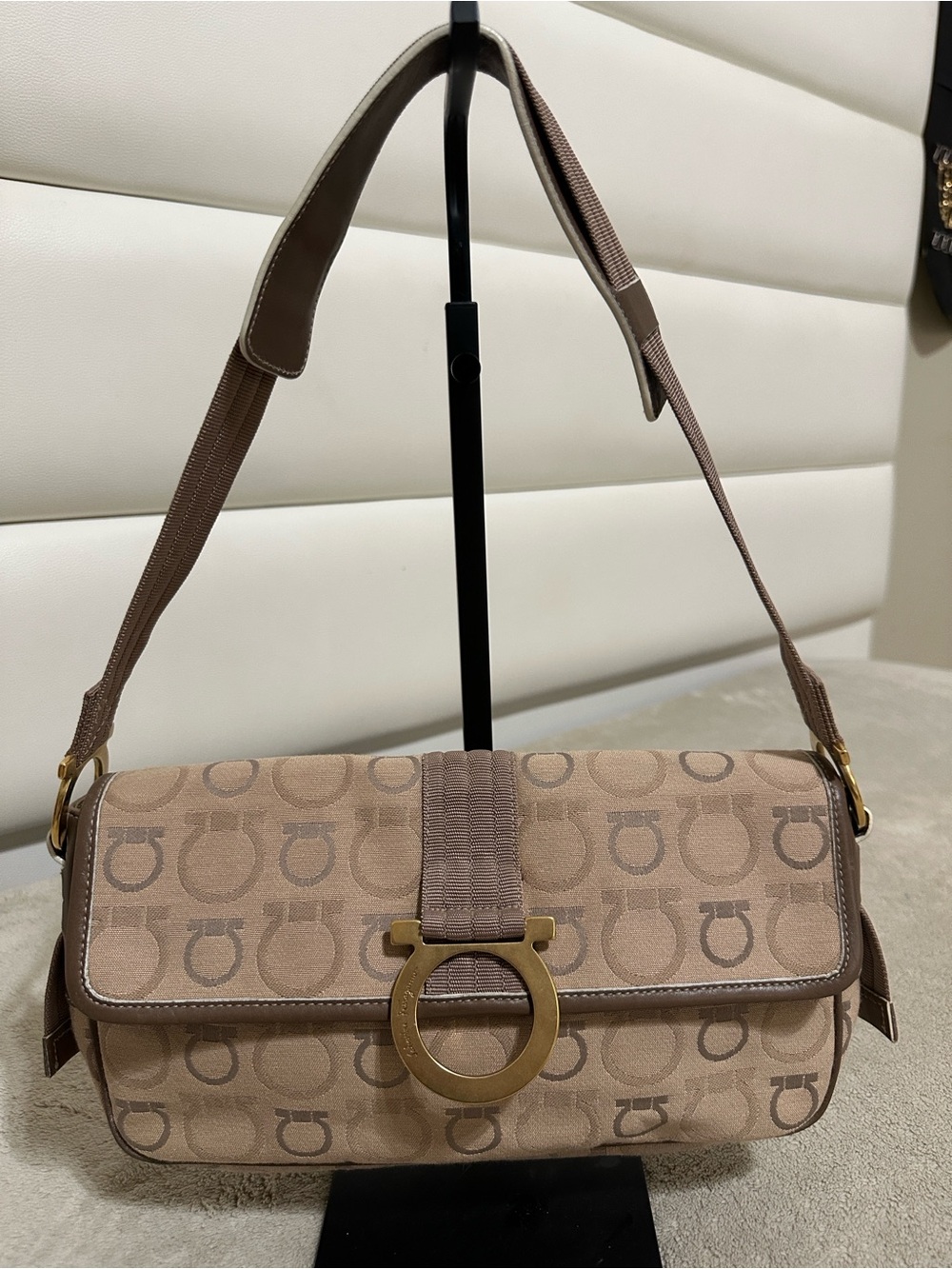Salvatore Ferragamo Taupe Logo-Print Canvas Shoulder Bag